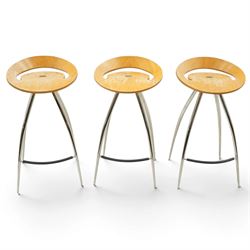Lyra - set of three bar stools, dished plywood seats with wraparound low backs and crescen...