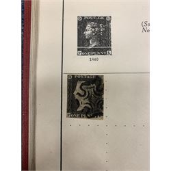 Great British and World stamps including two Queen Victoria penny black stamps, both with black MX cancels, King George V seahorse stamp,  World stamps including Austria, Belgium, Cyprus, Finland, France, Gibraltar, Italy, Hong Kong etc, in two albums and loose and a small number of mixed coins