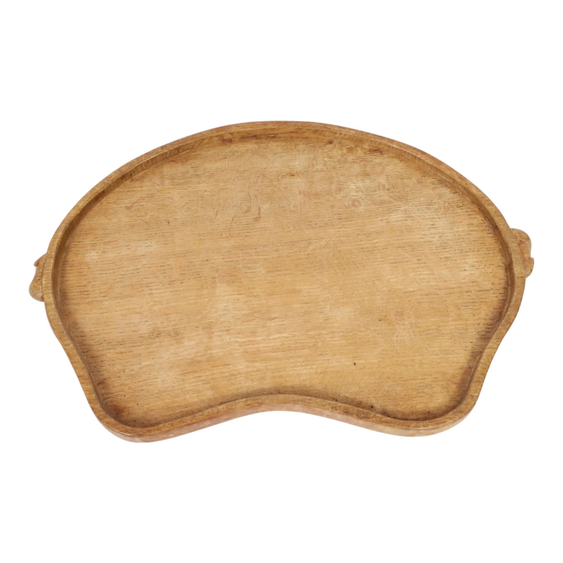 Mouseman -  oak kidney shaped tea tray, with twin carved mouse signature handles, by the workshop of Robert Thompson of Kilburn