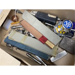 Collection of surgical and similar instruments, RAC and AA badges, and slide rules including Aristo examples, etc, in three boxes