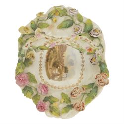 Early 19th century Rockingham porcelain basket, circa 1830, of elongated octagonal shape with gilt entwined, encrusted handle, the centre painted with a view of 'New Cemetery Liverpool', the rim encrusted and moulded with flowers and leaves, with puce Griffin mark and titled beneath, including handle H10.5cm W23cm