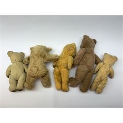 Nine English teddy bears 1950s-60s including wood wool filled Pedigree bear with swivel jointed head, glass eyes, vertically stitched nose and mouth and jointed limbs H14.5
