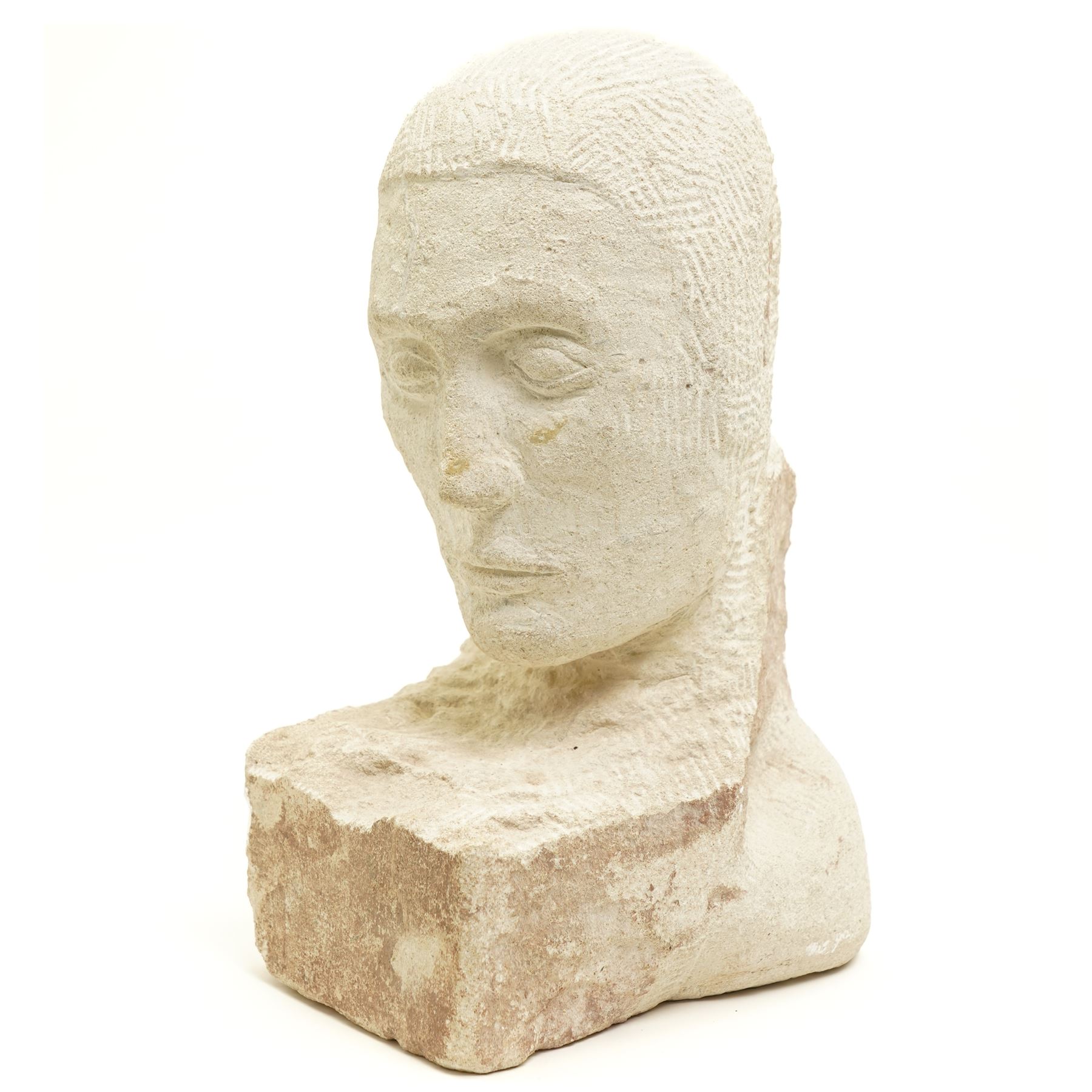 Modern carved limestone slab sculpture of the head of a man, H38cm 