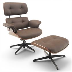 In the manner of Eames' Lounge chair, contemporary brown leather and plywood recliner and ...