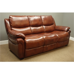  Three seat sofa (W195), and matching electric reclining armchair with USB (W100cm), upholstered in brown leather, 12 months old (This item is PAT tested - 5 day warranty from date of sale)  