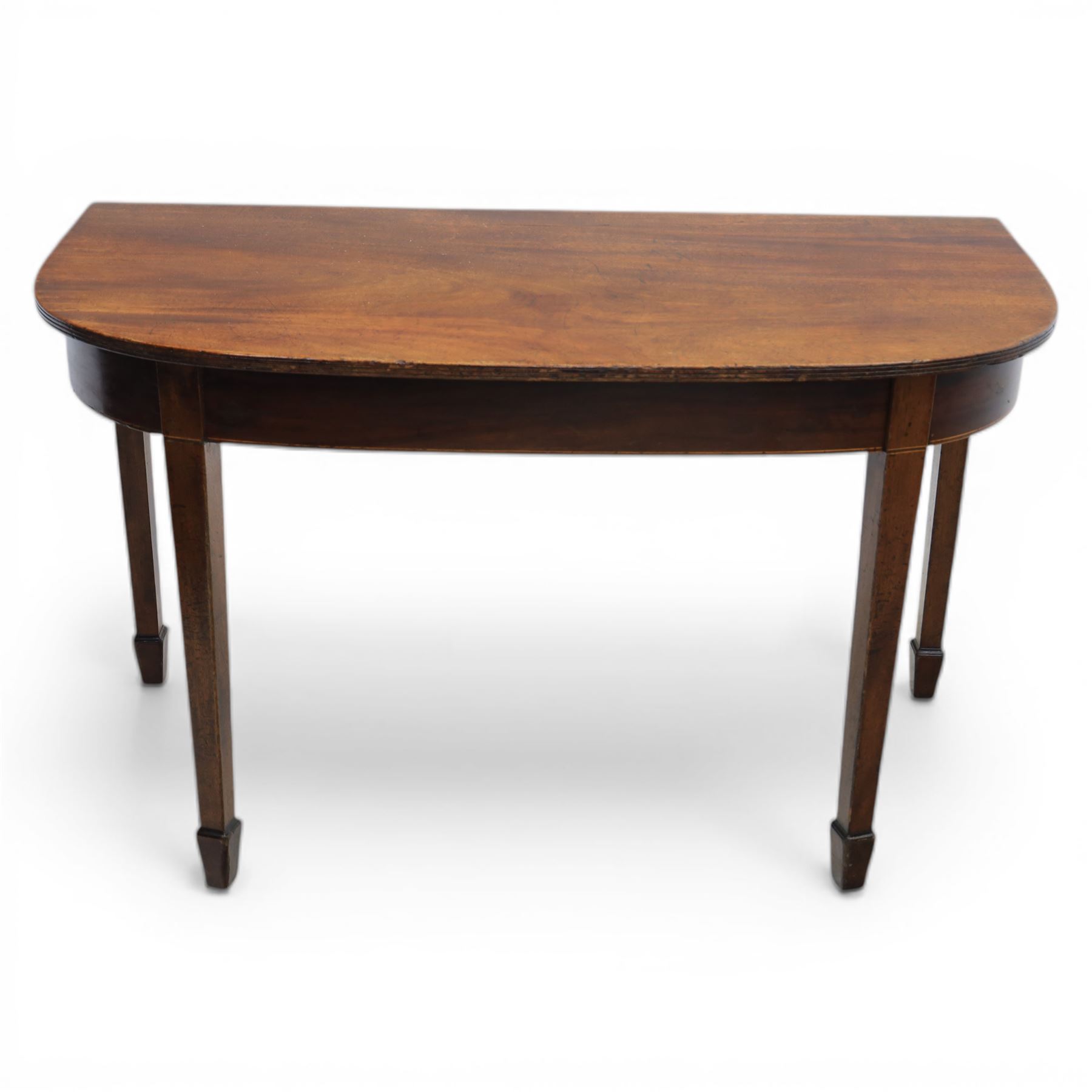 Late Georgian mahogany console side table, D-shaped top with reeded edge, above an inlaid frieze on square tapering supports with spade feet