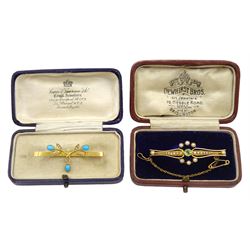 Edwardian gold peridot and split pearl brooch and a gold turquoise and seed pearl brooch, both stamped 15ct, boxed