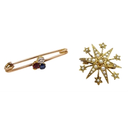  Edwardian 9ct gold split seed pearl star brooch, Chester 1907 and gold old cut diamond, sapphire and garnet bar brooch, stamped 9c  