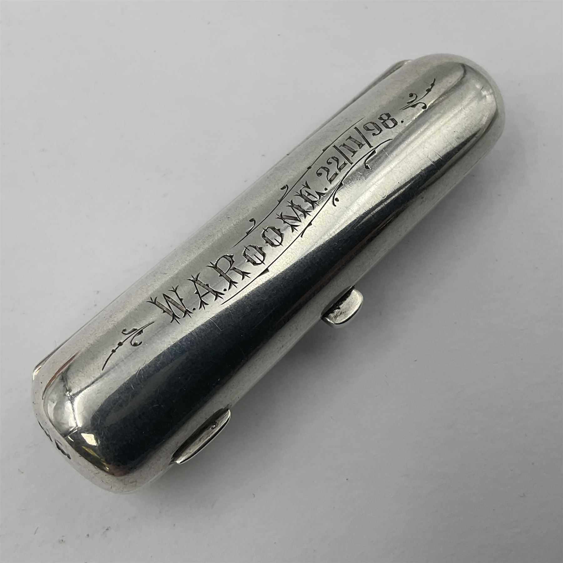 Two cheroot holders, one example with 9ct gold collar, together with two Victorian silver cheroot holder cases, both of typical form, one with personal engraving to cover, hallmarked Sampson Mordan & Co, London 1896