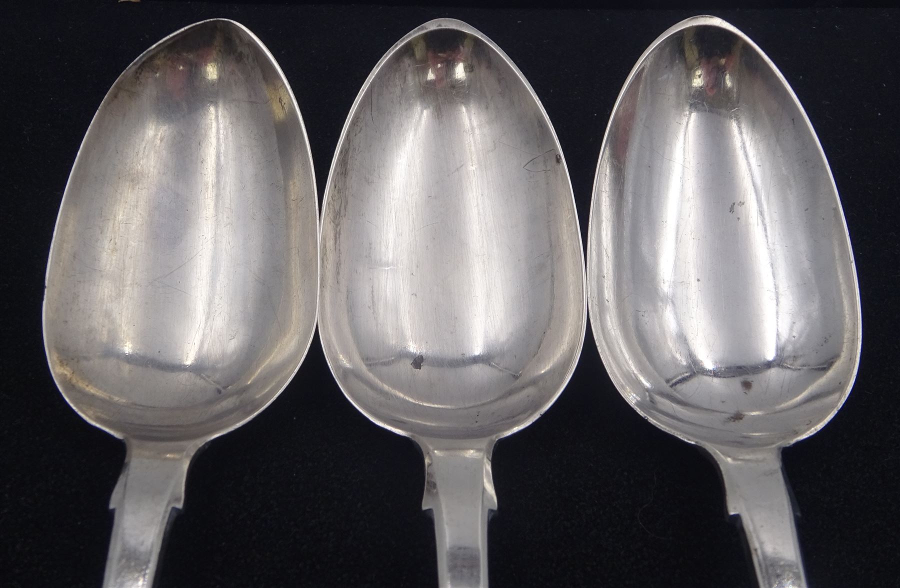 Three Victorian silver Fiddle pattern table spoons, each with engraved initial to terminal, hallmarked James Barber, York 1847