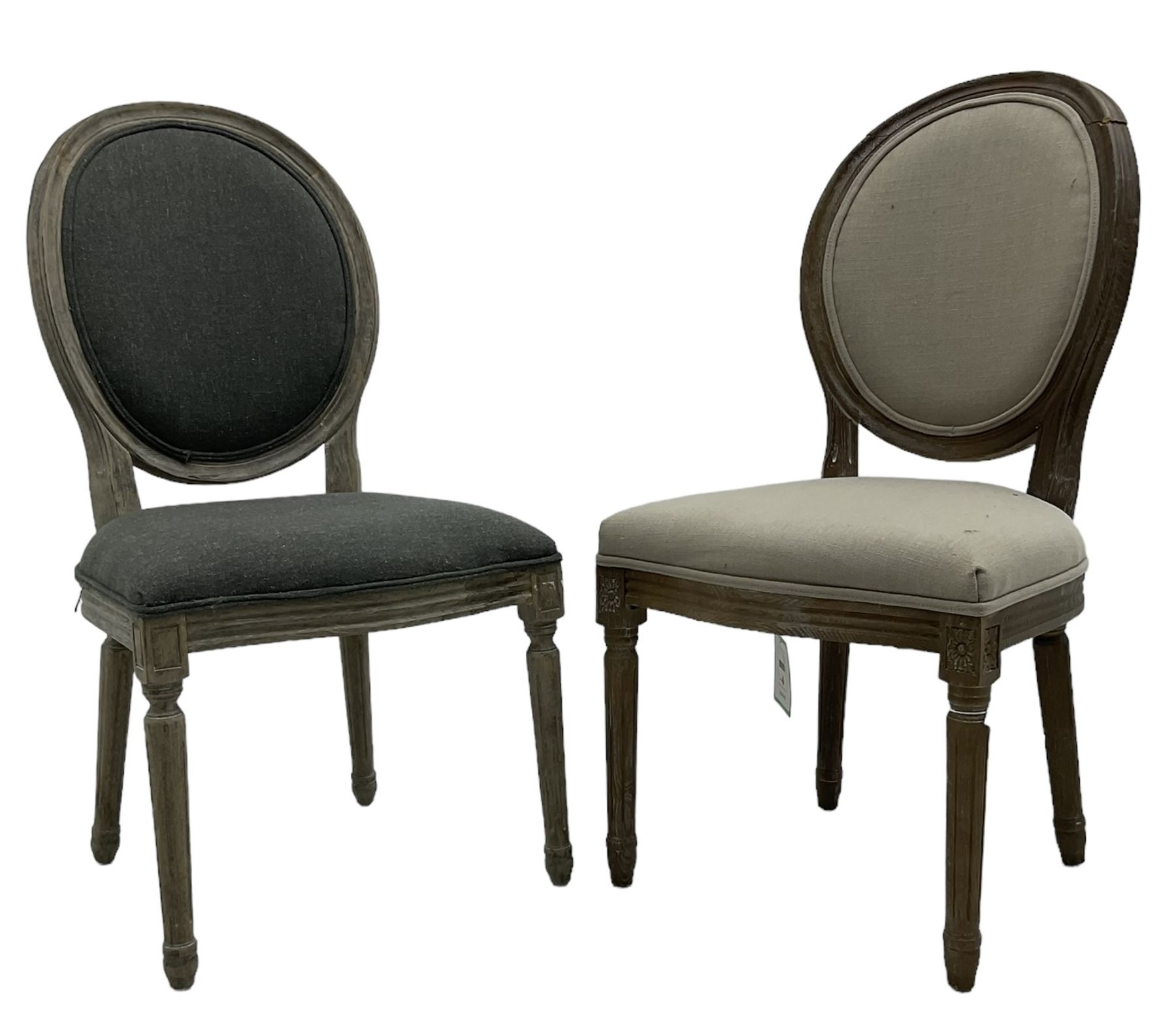 India Jane Interiors - two French design oak side chairs, moulded frame with cameo back, on turned and fluted supports; single side chair with curved back upholstered in shimmer silver fabric, on ebonised supports (3) - ex-display/bankruptcy stock 