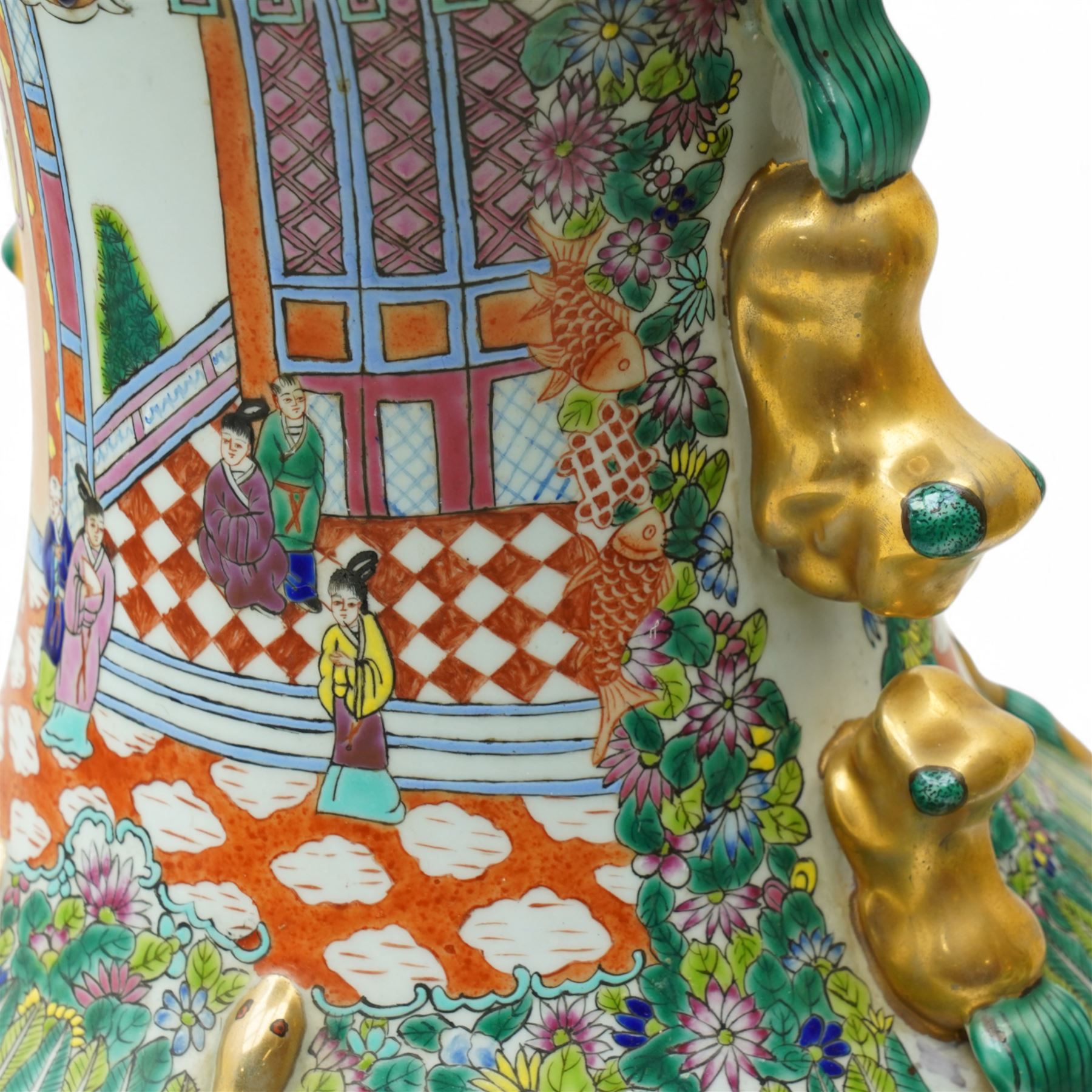 Pair of large 20th century Chinese famille rose floor vases, each of baluster form with waisted neck with gilt foo dog mounted shoulders, and lobed flared rim, decorated with alternating reserves of figures and birds and butterflies amidst blossoming flowers, the white ground profusely detailed with flower heads, each with character mark beneath, H87cm 