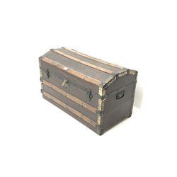 Vintage metal and timber bound trunk, single hinge lid with stay, two hinge carrying handles 