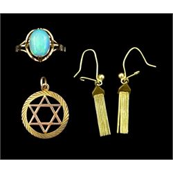 Gold opal ring, pair of tassel stud earrings and a Star of David pendant