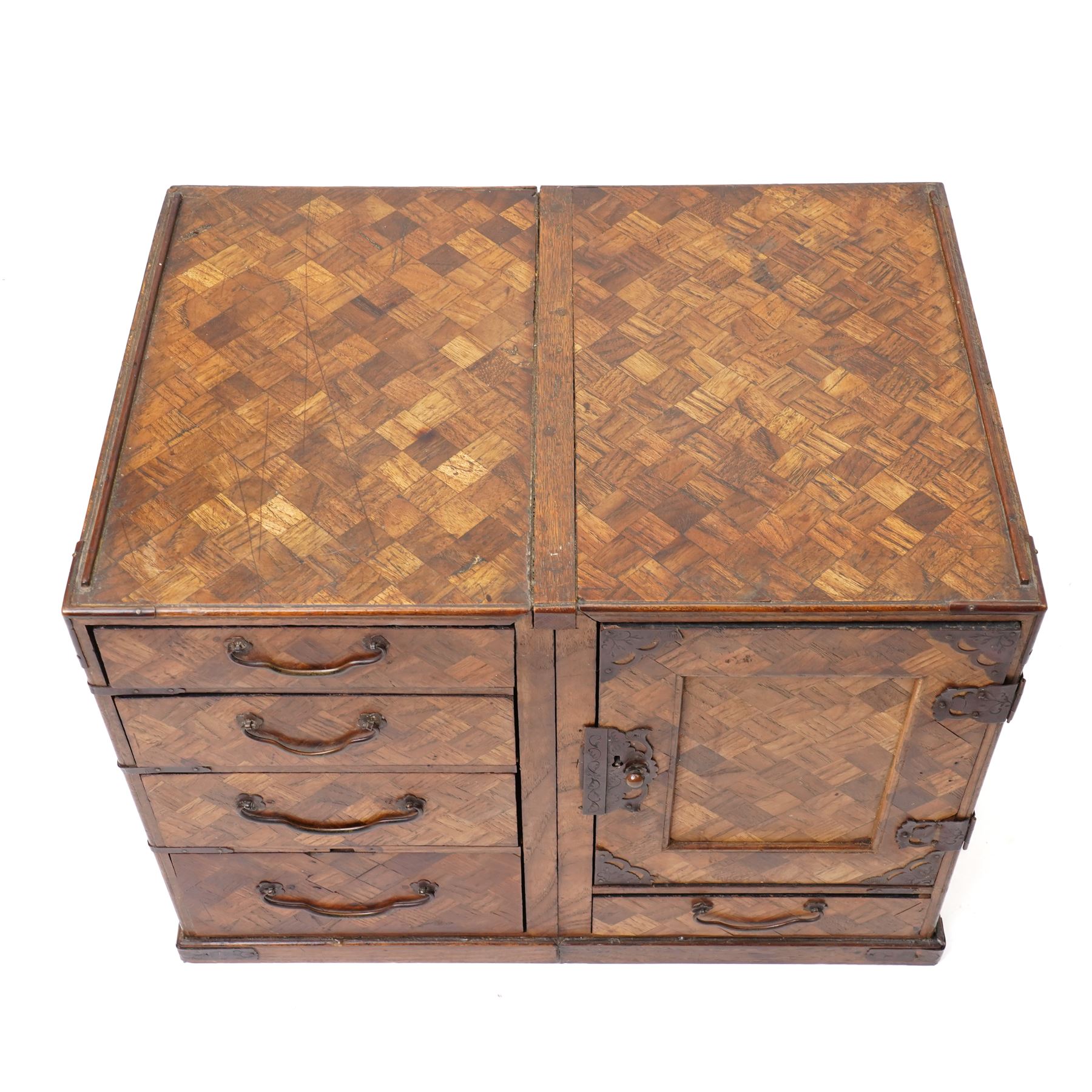 19th century Japanese parquetry scholars box, the left side opening to reveal two further drawers 