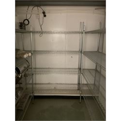 Metal four tier shelving racking x 3, plastic racking and shelving- LOT SUBJECT TO VAT ON THE HAMMER PRICE - To be collected by appointment from The Ambassador Hotel, 36-38 Esplanade, Scarborough YO11 2AY. ALL GOODS MUST BE REMOVED BY WEDNESDAY 15TH JUNE.