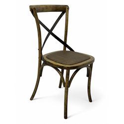 Late 20th century ladder-back chair with recessed Bible storage; pair of spindle back farmhouse chairs; cross-back bistro chair with an arched top rail and woven rattan seat; ladder-back chair with a Union Jack upholstered seat (5)