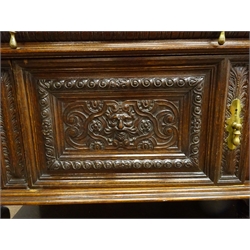  Large Victorian oak sideboard, raised back with bevel edge mirror plates. single shelf above moulded top, with two carved frieze drawers and two similar doors, on turned supports joined by platform stretchers, W218cm, H189cm, D66cm  