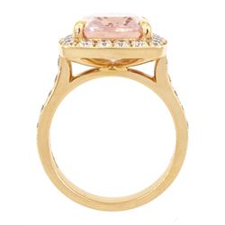 18ct rose gold cushion cut morganite and round brilliant cut diamond cluster ring, with diamond set shoulders, hallmarked, morganite approx 5.70 carat, total diamond weight approx 1.10 carat
