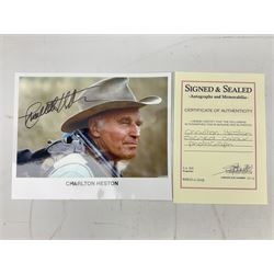 Dame Vera Lynn - collection of six signatures comprising TLS, album page and four colour photographs (including White Cliffs of Dover); signed photograph of John Mills; and signed photographs of film stars each with CoA including Bob Hope, Charlton Heston, Gene Autry, Sound of Music Julie Andrews and Christopher Plummer and Joanna Lumley