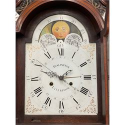 Penlington of Liverpool – early 19th century 8-day mahogany longcase clock, swans neck pediment with three turned wooden finials and verre eglomise panels, trunk with reeded columns and wavy topped door, plinth with canted corners on bracket feet, painted break-arch dial with Roman numerals and five-minute Arabic’s, centre sweep calendar and seconds hands, blue steel serpentine hands, signed beneath a painted rolling moon in the arch PENLINGTON, LIVERPOOL, eight day four pillar movement, anchor escapement and rack striking on a bell. With pendulum and weights.  The Penlington family were prolific clockmakers in 19th century Liverpool working from several addresses in the city, also recorded as chronometer and chronograph makers.