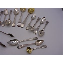Georgian and later flatware, including two serving spoons, with later struck berry bowls, King's pattern teaspoons, mustard spoons, etc, all hallmarked 