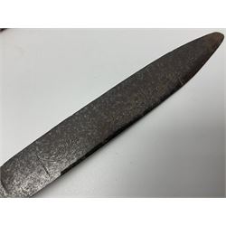 19th century continental folding knife with 15.5cm single edged blade, the pierced brass and iron handle with remains of horn grips L21.5cm overall closed; turned horn handled knife with foliate engraved blade; battlefield relic German 1884/98 knife bayonet; iron spear head; leather covered swagger stick; and two-piece gun cleaning rod