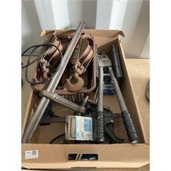 Vintage pulleys, draper lights, heat gun, riveting gun, clamps and other tools - THIS LOT IS TO BE COLLECTED BY APPOINTMENT FROM DUGGLEBY STORAGE, GREAT HILL, EASTFIELD, SCARBOROUGH, YO11 3TX