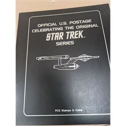 Star Trek collectables, including Danbury Mint '22ct Gold Card Collection', PCS Stamps and Coins Official US Postage Celebrating The Original Star Trek Series, Star Trek St Vincent and Grenadines first day cover collection, four stamp sets and a framed set of similar stamps, commemorative coins, Star Trek The Experience Las Vegas coin, three commemorative 'gold stamps' and three albums of collectors cards and telephone cards