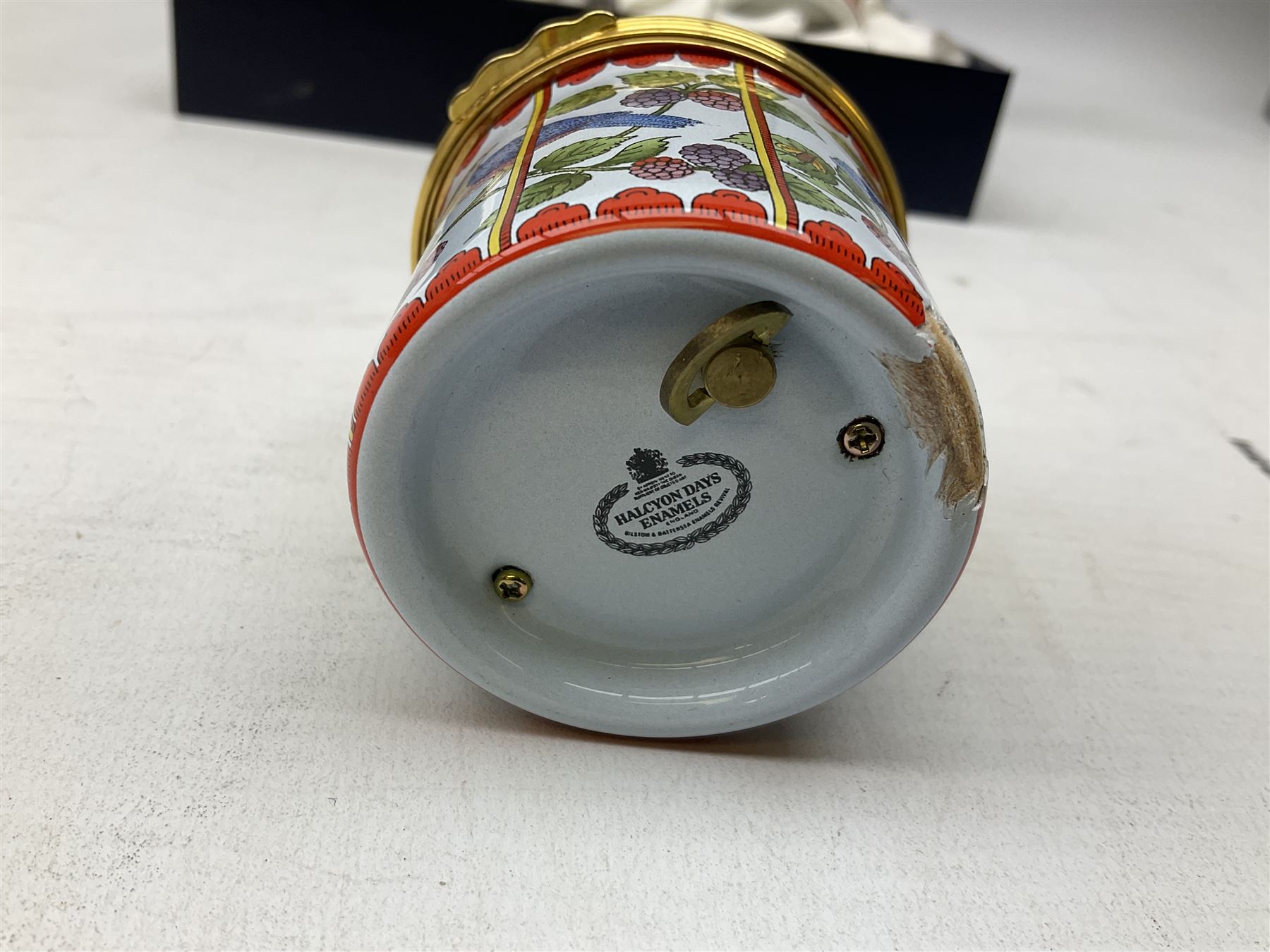 Two Halcyon Days enamel musical boxes, the first example playing Papageno's Song from the Magic Flute by W A Mozart, the second The Carousel Waltz composed by Richard Rodgers for the 1956 film Carousel, each in fitted box 