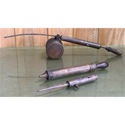 Rare early Shell advertising brass penetrating oil can, the can embossed to each side with the stick / robot man motif, and reading 'Penetrating oil can lubrication by Shell' (L71cm) together with two other early motoring oil hand pumps, one signed 'Erot' and the other 'Nesthill Royalty PAT.' (3) - COLLECTION BY APPOINTMENT FROM: The White House, Thirsk Road, Easingwold, York, YO61 3NF - CALL 01723 507111 TO ARRANGE