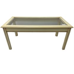 Late 20th century cream painted coffee table, rectangular top with glass inset, on square moulded supports with inner chamfer (W100cm D50cm H44cm); and a pair of matching square lamp tables (W50cm D50cm H44cm)