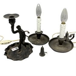 Pair of silver plated candlestick holders with sniffers, converted to electric together with another candle holder in the form or a man