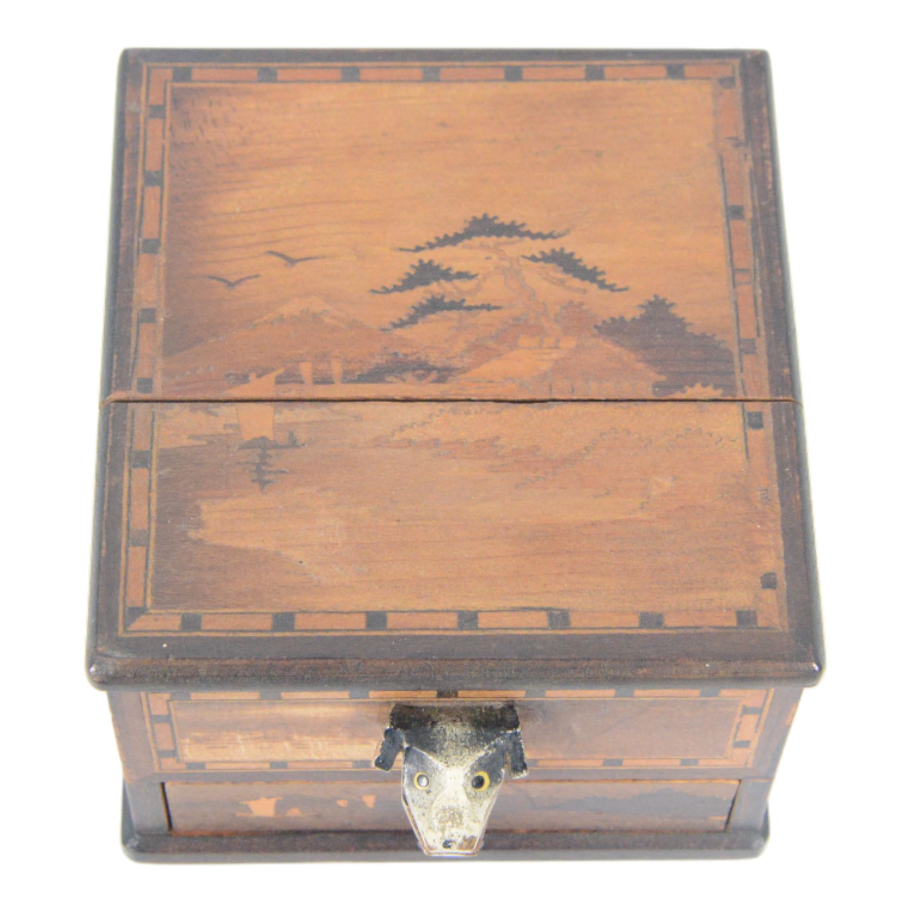 Collection of early 20th century and later novelty cigarette dispensers, including Japanese marquetry example, Players Navy Cut box, dice design etc  