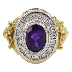 9ct gold oval amethyst and diamond cluster ring, with textured flower design shoulders, hallmarked