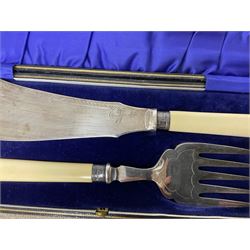 Quantity of cased silver plated cutlery, to include examples with hallmarked silver ferrules, cased set of mother of pearl caviar spoons and knives, silver lidded glass jar, caviar dish and and R&B Roberts & Belk Romney silver plate tea set etc