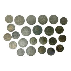 Twenty three late 18th to 19th Century ‘copper’ coinage to include two George II 1754 farthings, George II 1753 halfpenny, two George III 1773 and 1775 halfpennies etc 