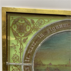 19th century leaded stained glass panel with central circular painted Venetian scene of a two-tier longboat with buildings in the distance, bordered by a Latin motto 'Desponsamus te, mare, in signum veri perpetuique domini 1359', with scrolling vine and orb spandrels 41.5 x 50.5cm including brass frame