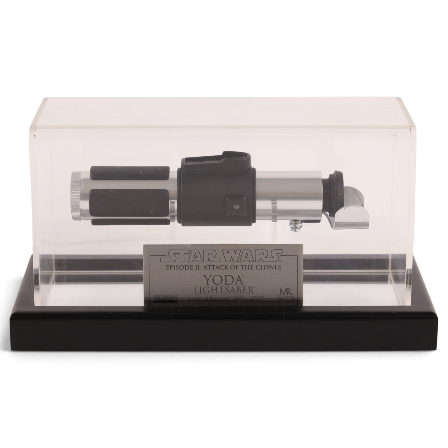 Master Replicas Star Wars Episode II Attack of the Clones Yoda's Lightsaber no. SW-104, 1:1 scale, in box with outer cardboard sleeve and certificate, separate acrylic display case and plaque, limited edition no. 2011/2500
