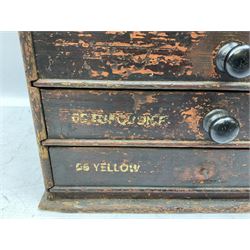 Early 20th Century Dewhurst table top chest, decorated with gilded 'Dewhurst's Sylko Machine Twist Strong Lustrous' lettering above six long drawers with names and numbers of cotton also detailed in gilt, H39cm