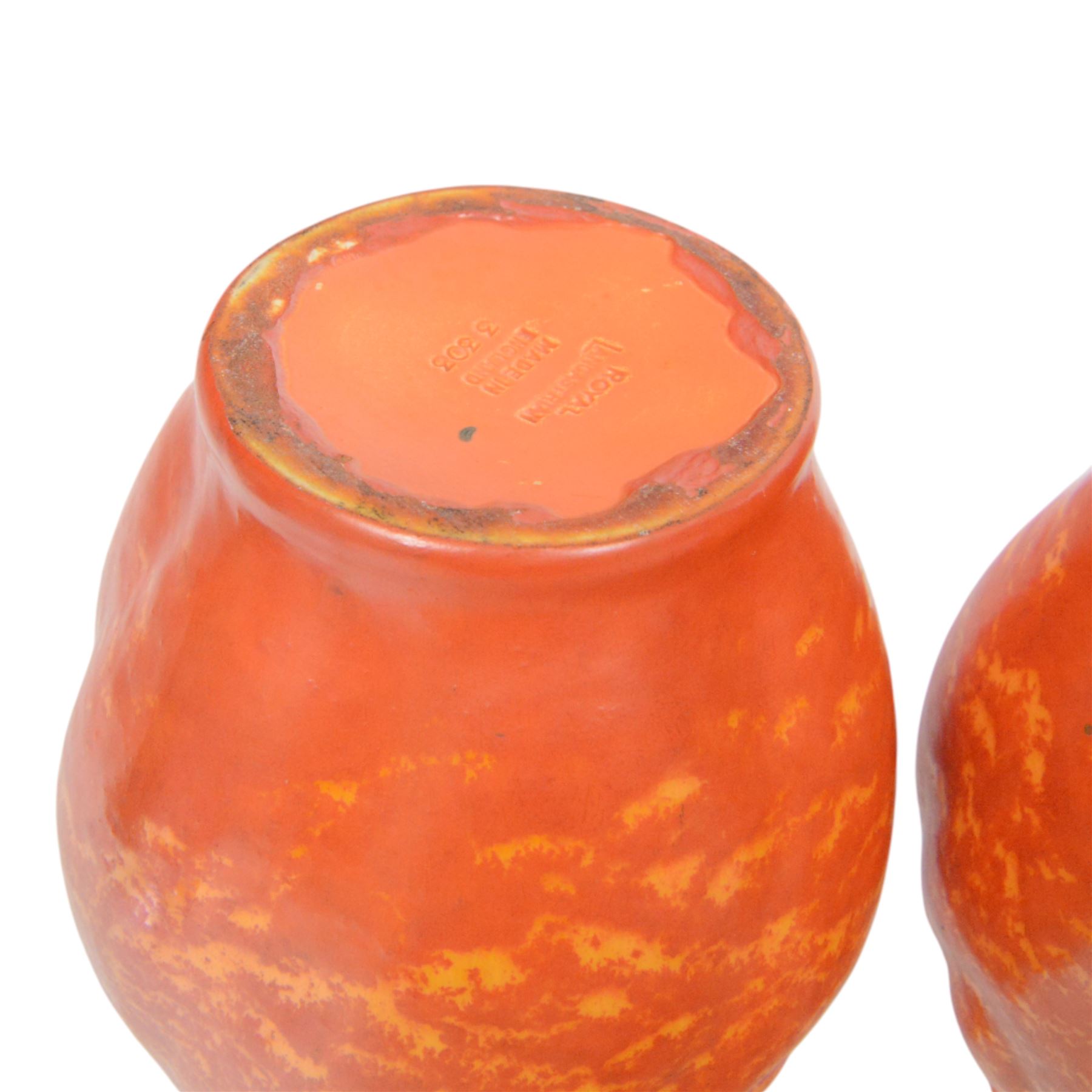 Pair of Pilkingtons  mottled orange vases, of baluster form, with impressed mark beneath, H18cm