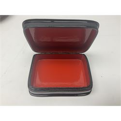 Two Mauchline ware boxes, comprising case modelled as a book depiciting The Ancient Entrance Gate, Stirling Castle, and lidded jar depicting Hythe Church, The Crypt, together with Russian lacquer box and other wood pot pourri bowl