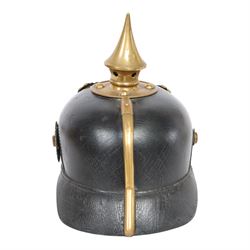 WWI Prussian M1895 Pickelhaube, Infantry 48 3rd battalion, the black leather skull with brass spike finial, brass eagle helmet plate and leather chin strap, one side with a black cockade, with leather lining  marked JR48 