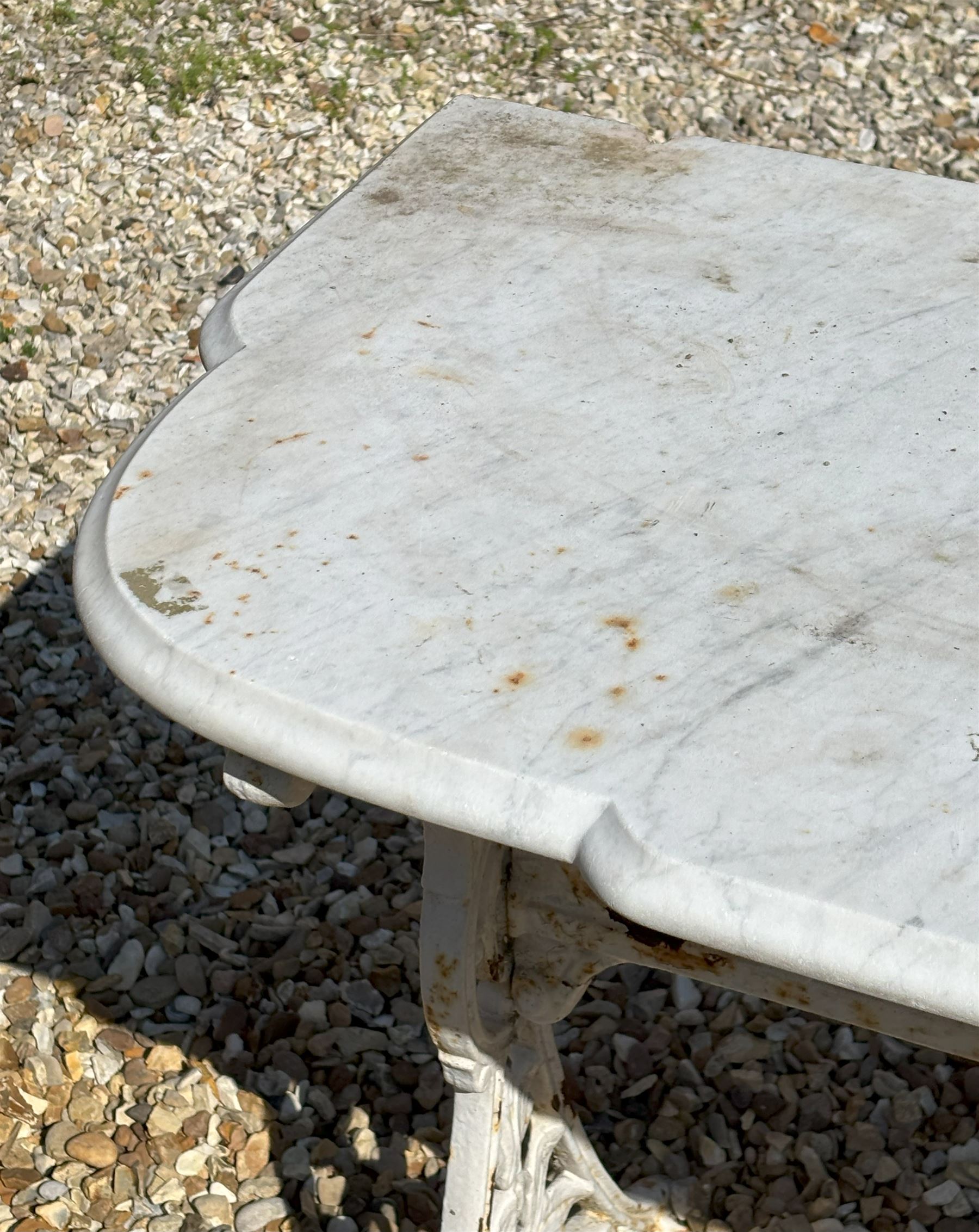 Victorian cast iron garden table by Coalbrookdale, with shaped white marble top on splayed end supports. H71cm, L123cm, D53cm. - COLLECTION BY APPOINTMENT FROM: The White House, Thirsk Road, Easingwold, York, YO61 3NF - CALL 01723 507111 TO ARRANGE