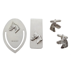 Pair of silver horses head cufflinks, silver horses head money clip and similar silver bookmark, all hallmarked