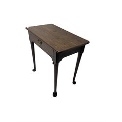 George III oak low boy, fitted with single drawer, raised on tapered supports with pad feet