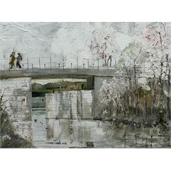 John Squire ARIBA (British Contemporary): Canal Bridge, mixed media on linen laid on board signed with initials and dated '07, studio label verso with artist's address Heckmondwike, West Yorks verso 41cm x 55cm