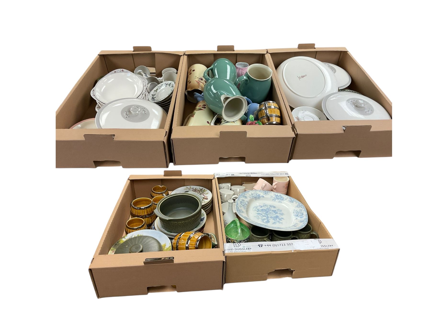 Collection of ceramics, including dinnerware from Denby, Royal Doulton etc in five boxes 