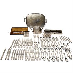Quantity of Kings pattern plated cutlery, Walker & Hall plated three piece tea set, three ...