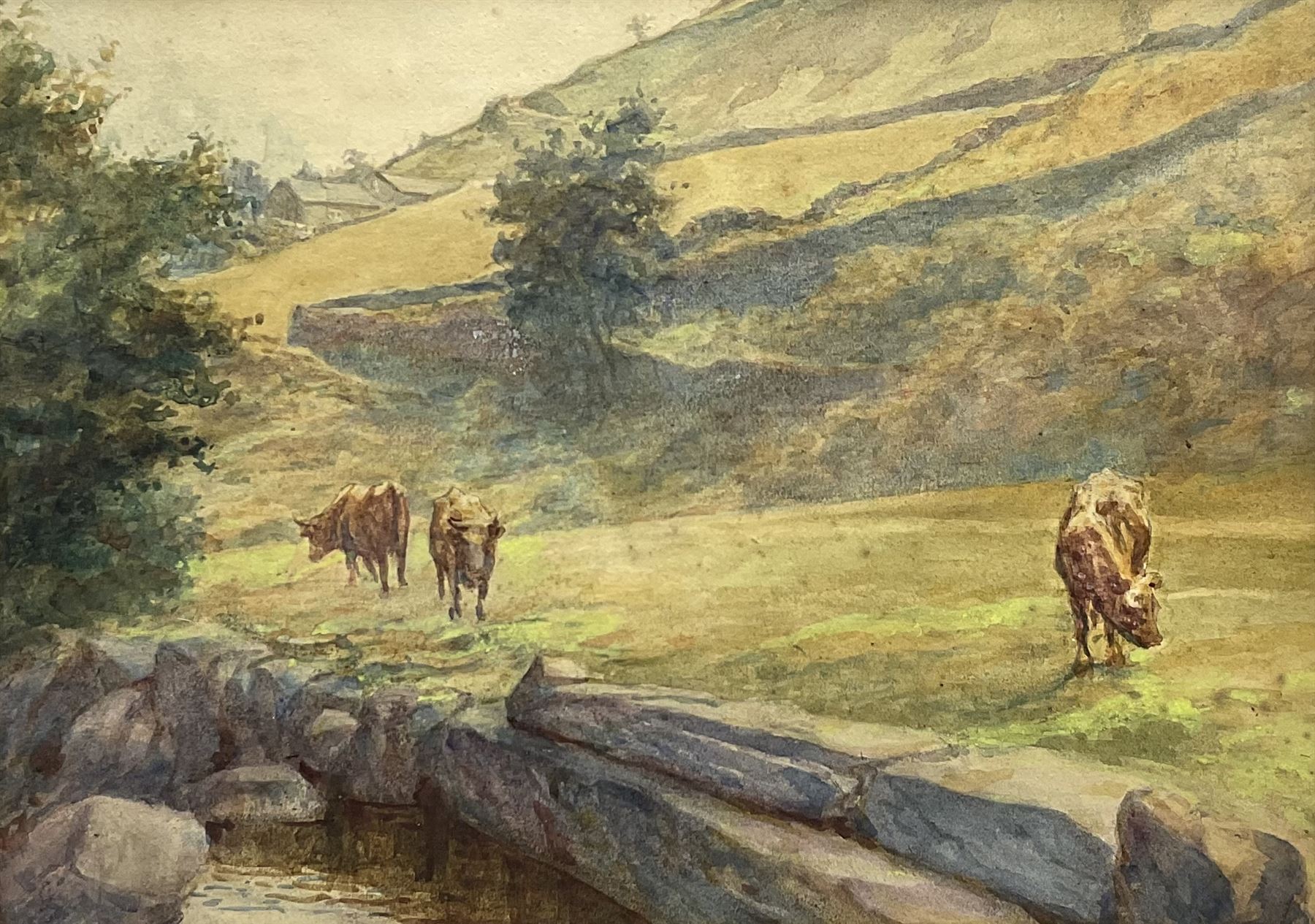 Attrib. Alfred Walter Bayes (British 1832-1909): Cattle by the Riversde, watercolour unsigned, inscribed in a later hand verso 27cm x 37cm